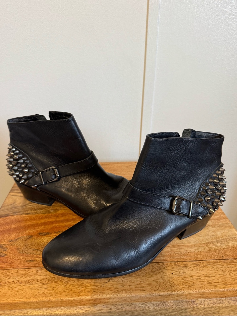 Sam Edelman Pax Black Leather Ankle Boots with Stud and Crystal Heel